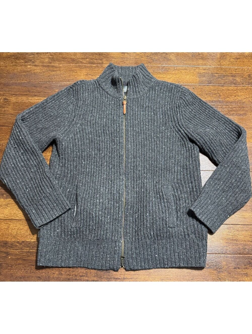 LL Bean Signature Mens L 100% Lambswool Full Zip Sweater Jacket Gray Wool Thick